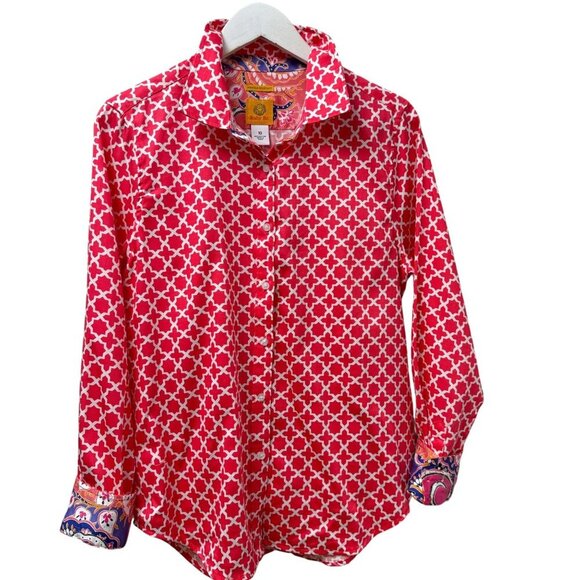 Ruby Rd Womens Shirt Size 10 Red Geo Preppy Print Long Sleeve Button Up - Picture 1 of 10